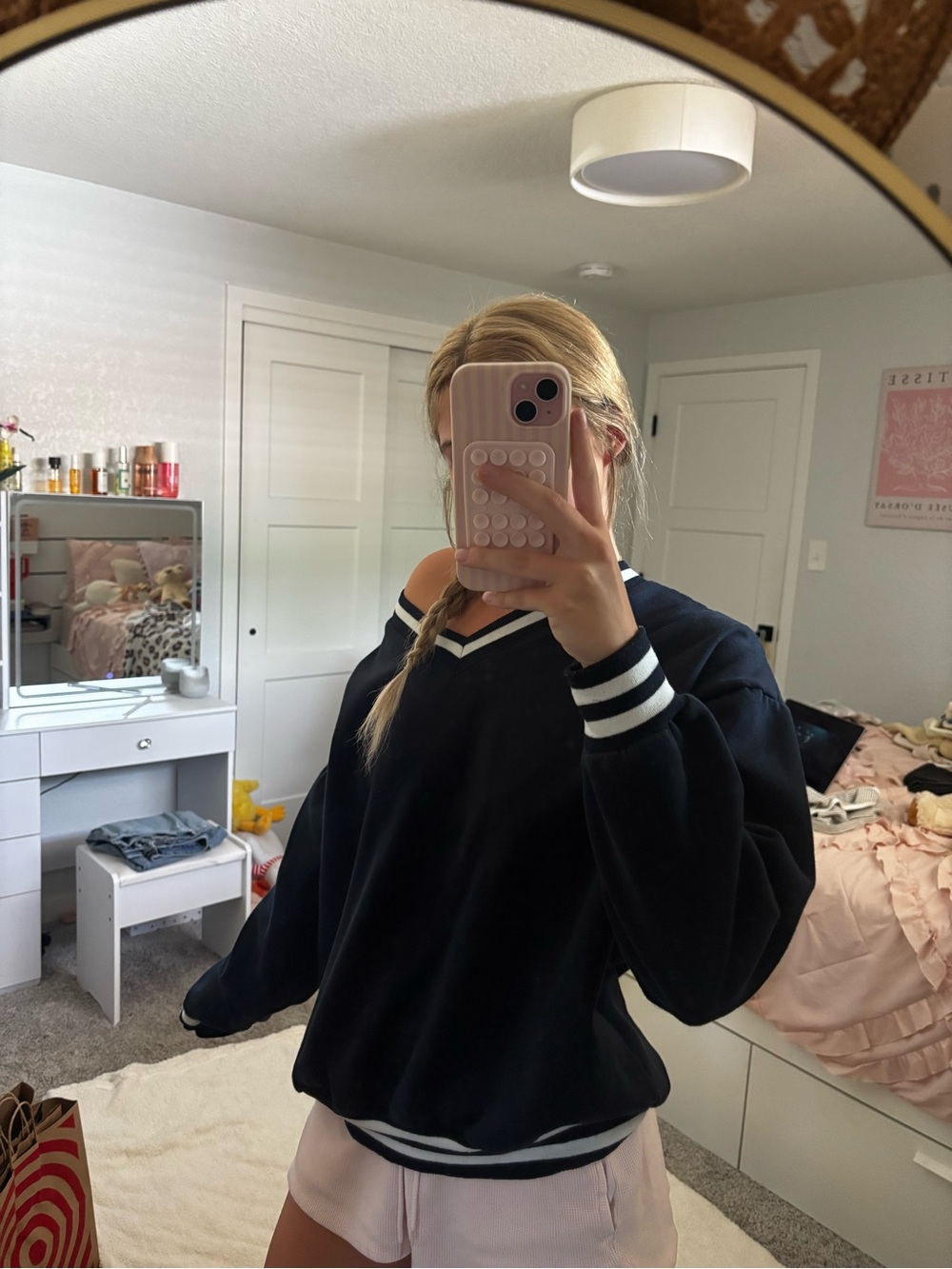 Edikted navy blue V-Neck Sweater with White Stripe Trim
